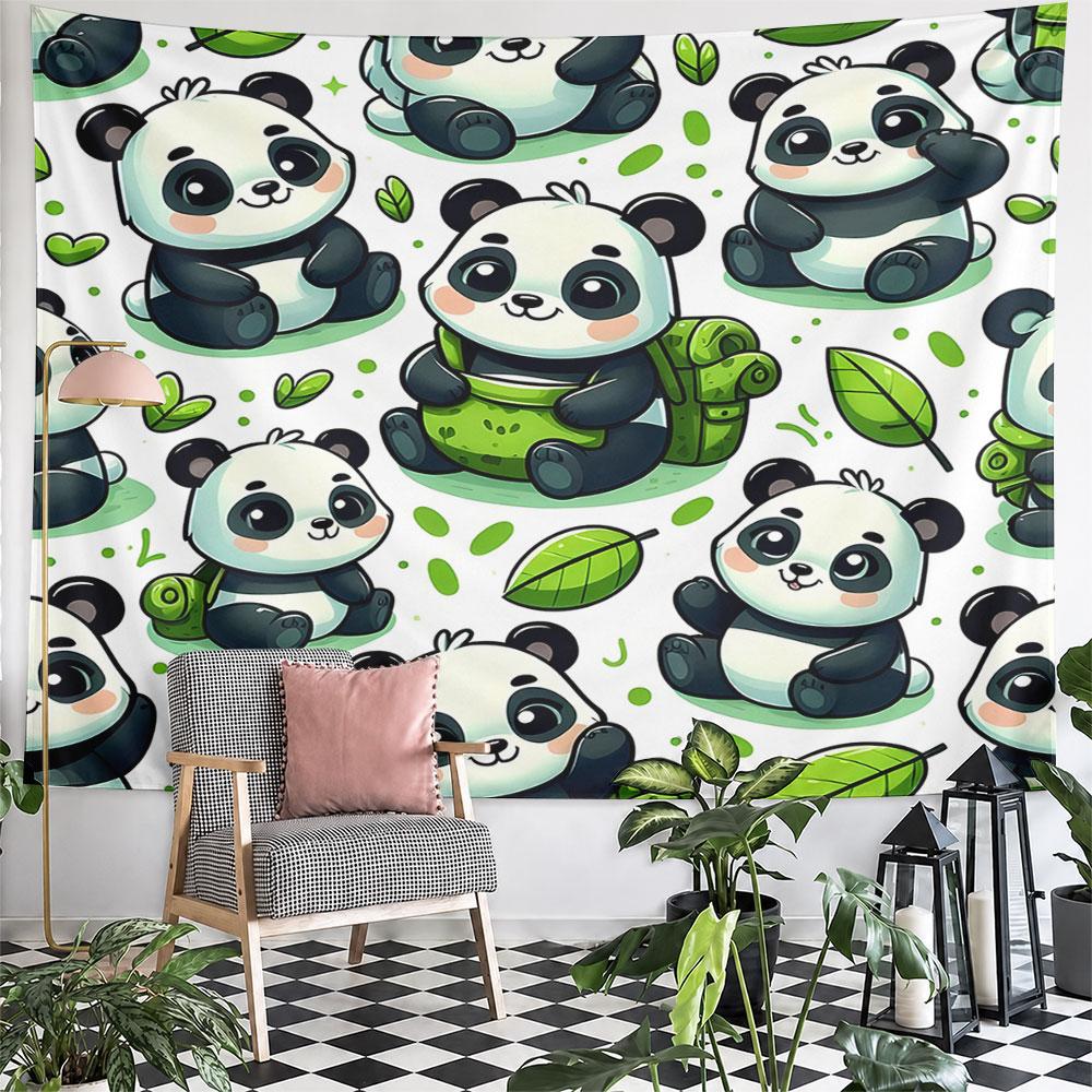Cute Panda Pattern with Leaves & Backpacks Pattern Wall Hanging Tapestry Decorative Tapestry Home Decor for Bedroom and Living Room