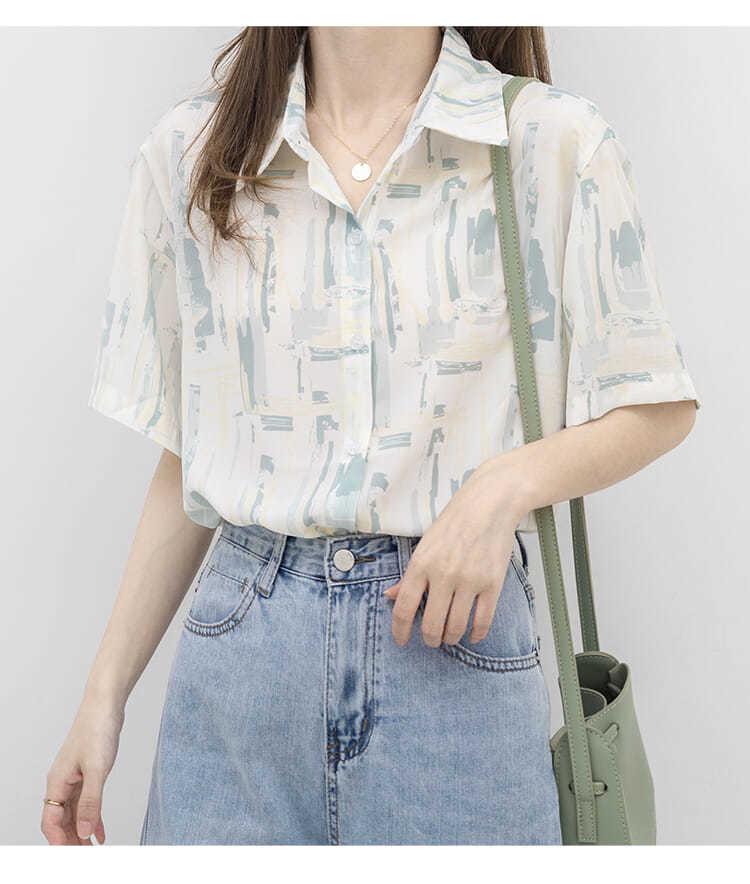 Hong Kong-Inspired Ink Wash Sun Protection Short Sleeve Shirt for Women