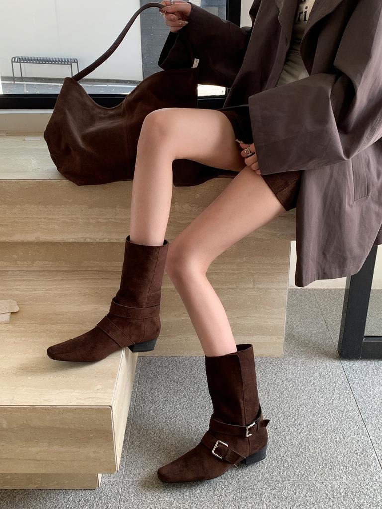 Coarse heel retro suede skinny short boots women's shoes 2025 new autumn and winter brown Martin boots French western ankle boots