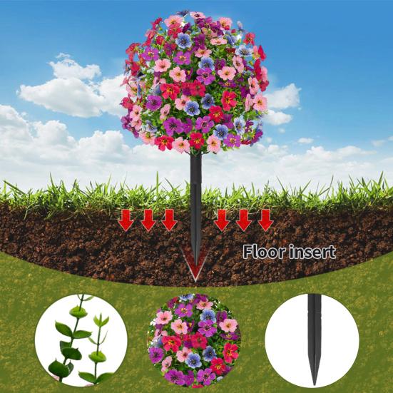 Artificial Violet Topiary Ball UV Resistant Violet Blooms Fake Evergreen Plants Flowers Brush with Ground Spike for Outdoor Indoor Garden Decor