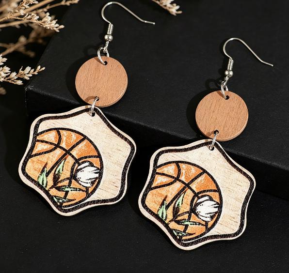 Western Cowboy Style Wooden Earrings with Basketball and Sunrise/Sunset Print