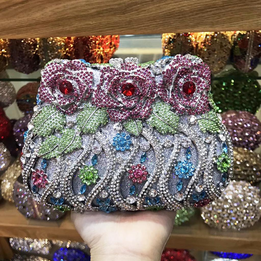 Diamonds White Clear Women Evening Bag Luxury Flower Rhinestone Clutches Crystal Handbag 32 Colors Wedding Bridal Party Purses