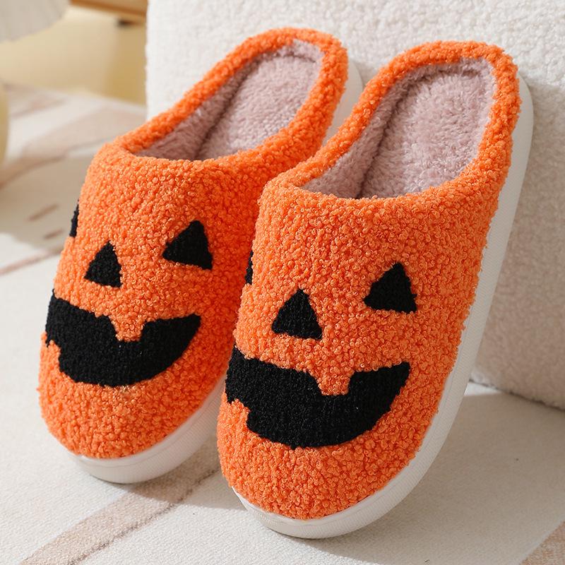 2024 Halloween Cartoon Pumpkin Funny Plush Cotton Slippers: Cute, Thick Bottom, Indoor Winter Footwear