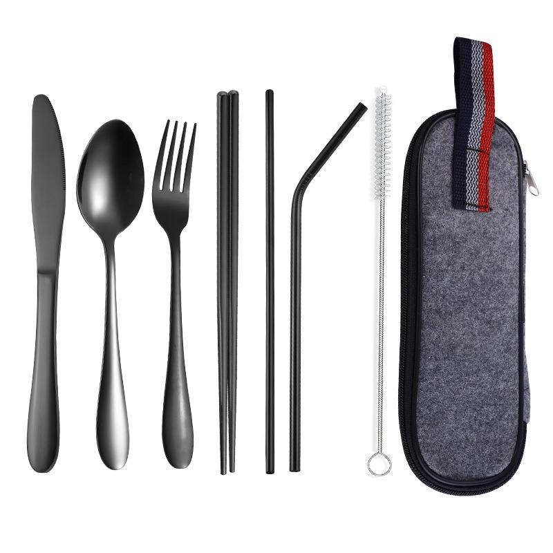 8Pcs Stainless Steel Straw Set Outdoor Western-style Knife, Fork, Spoon and Chopsticks Portable Cutlery Bag