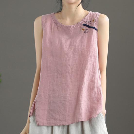O-Neck Sleeveless Side Split Hem Loose Fit Retro Vest Women Summer Embroidery Pattern Top Streetwear