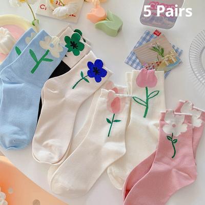 5 Paia Calzini da Donna a Tubo Medio Harajuku Retro Floreale Vintage Novità Elegante Etnico Kawaii Carino Casual Traspiranti Donna Ragazza