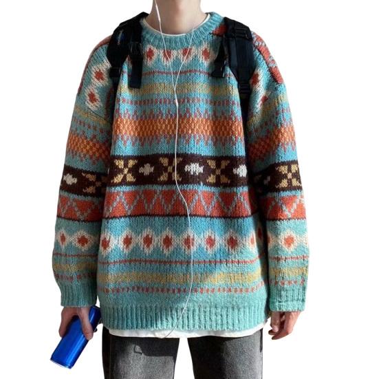Men Autumn Sweater Geometric Print Colorful Long Sleeves Round Neck Loose Warm Thick O Neck Elastic Spring Sweater for Daily Wear