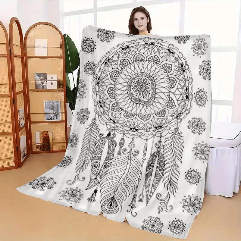 Adult Coloring American Indian Dreamcatcher Flannel Blanket, Black White Hand-Painted Patterns for Stress-Relief Home Gift