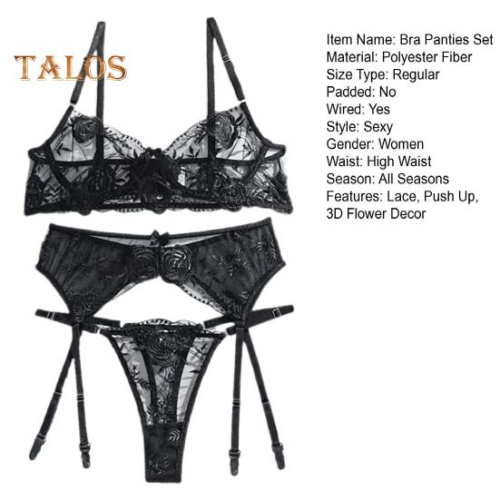 3 ks/sada Sada podprsenky Kalhotky 3D květinový dekor s mašlí Lanková krajka Push Up Prsteny na stehnech Vysoký pas Svatební noc Romantická půlnoční Sada spodního prádla pro dámy