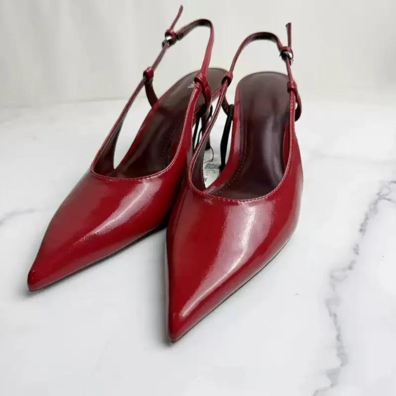 

Elegant Red High Heels Women Wedding Shoes Summer Luxury Design Pointed Toe Buckle Strap Party Slingback Shoes for Lady 42 вина червоного кольору