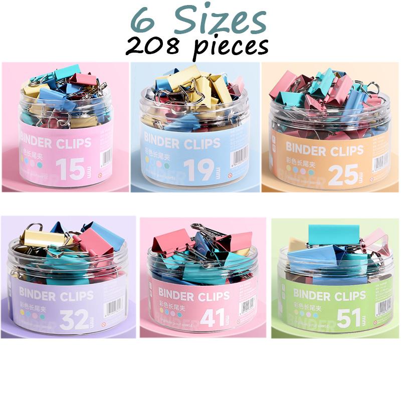 208Pcs Foldback Metal Binder Clips Colorful File Paper Clip 15, 19, 25, 32, 41, 51mm Used for Books Stationery Clip School Office Supplies Long Tail Random style