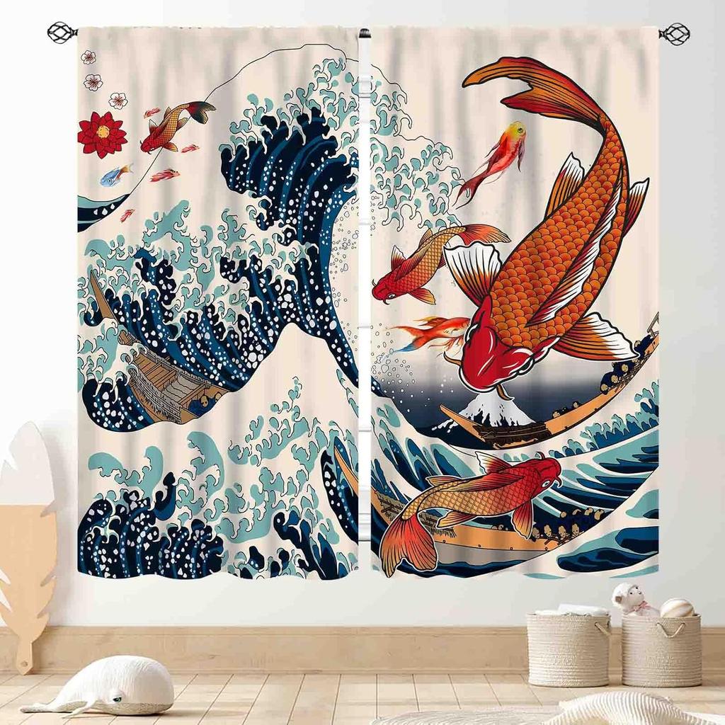 Japanese Curtains Traditional Ink Painting Red Floral Plum Cherry Blossom Asian Style Nature Mountains Landscape Window Drapes Curtain Polyester