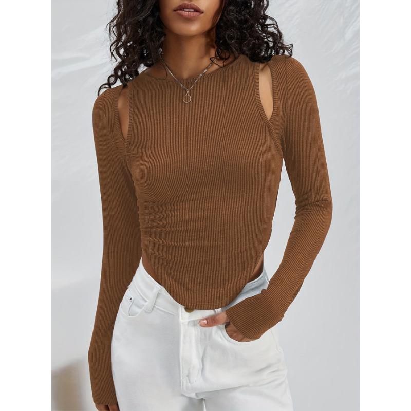 Spring and Autumn Women's Hollow Irregular Round Neck Knit Long Sleeve Sexy Fashion Top