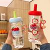 New Plastic Water Bottle Cartoon Apple Pattern Red Color Straw Water Cup Cute Design Carry-On Cup Spring Use