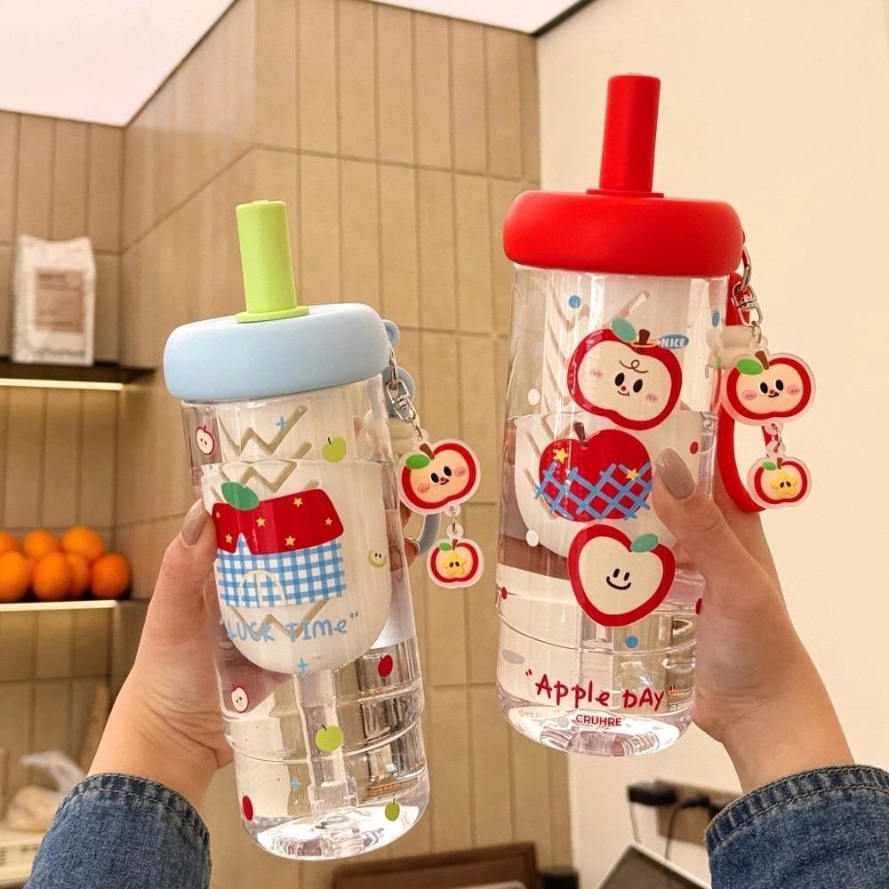 New Plastic Water Bottle Cute Design Cartoon Apple Pattern Drinking Bottle Red Color Straw Water Cup for Women Girls