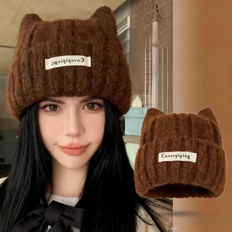 Cat Ear Beanie for Women Winter Warm Ear Protection Hat Solid Color Crochet Bonnet Sweet Girl Knit Pullover Cap Skullcaps