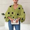 Elegante Blusa da Donna a Pois Larga con Scollo Semiaperto Top Casual a Maniche Lunghe Scollo a V Primavera Autunno Stampata Dolci Camicie Semplici da Ufficio per Signore