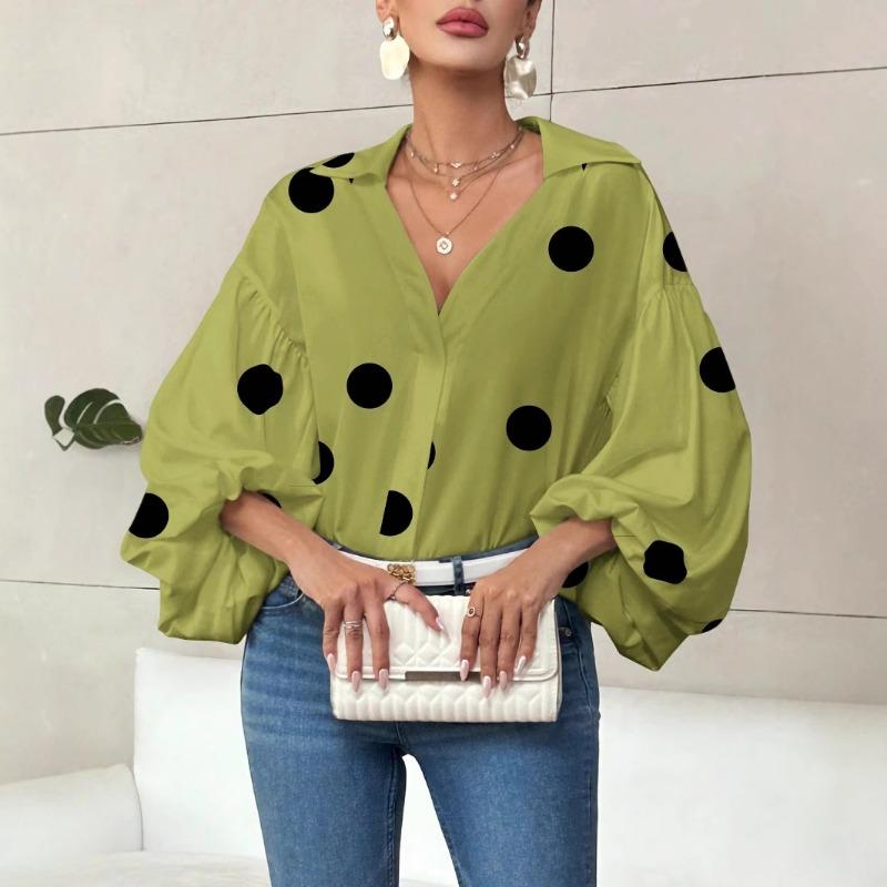 Elegante Blusa da Donna a Pois Larga con Scollo Semiaperto Top Casual a Maniche Lunghe Scollo a V Primavera Autunno Stampata Dolci Camicie Semplici da Ufficio per Signore