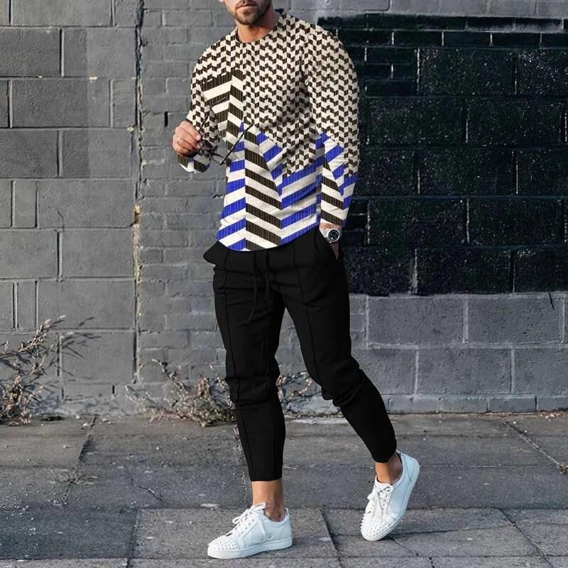 Men's casual sportswear men's sports two-piece fashionable 3D printed vintage clothing long sleeved shirt pants set pants suit