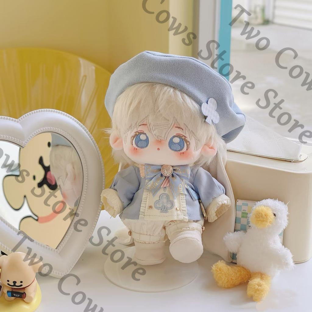20cm Doll Outfit Set Pastel Blue White Vintage-Inspired Ensemble Beret Ruffled Top Pleated Shorts Booties Decorative Accessories