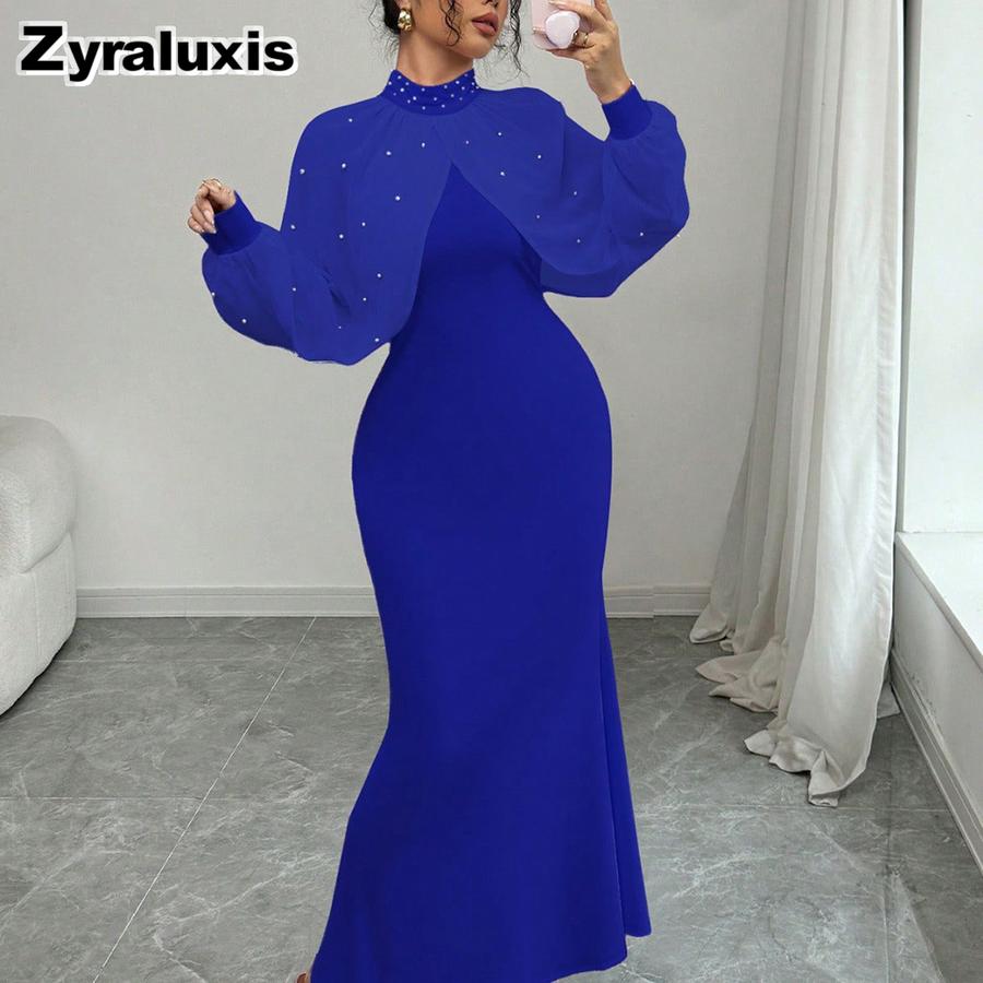 Women's Elegant Stand Collar Mesh Lace Crushed Diamond Long Sleeve Ruched Waist Tailored Evening Gown Dress