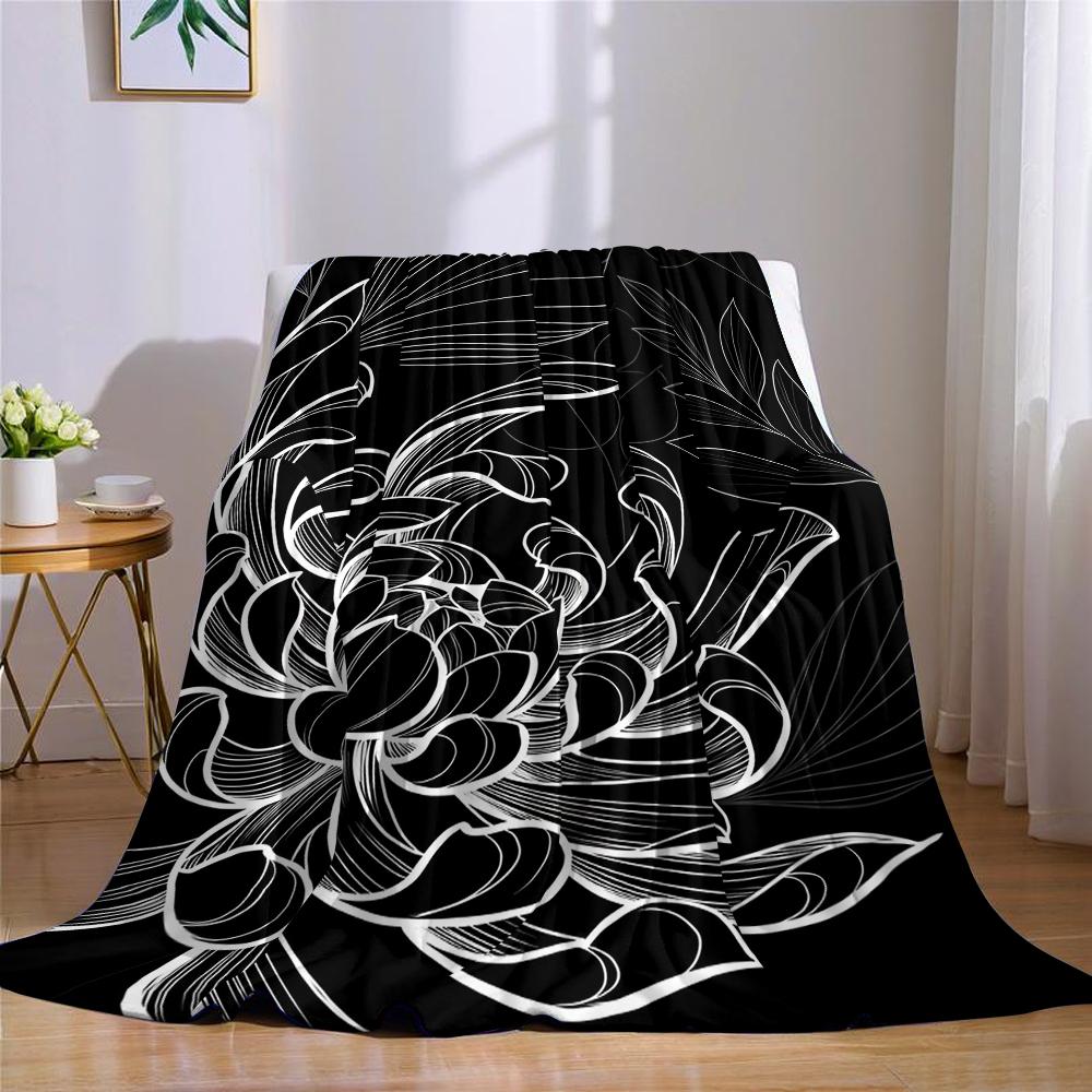 Ink Chrysanthemum Line Flannel Blanket Warm Soft Halloween Christmas Couch Warm Cozy Decorative Decor Gift for All Season