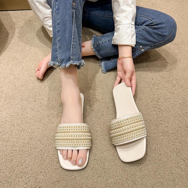 

2024 Summer New Fashion Casual Pearl Women s Slippers Solid Flat Open Toe Shoes Women Outdoor Beach Slippers