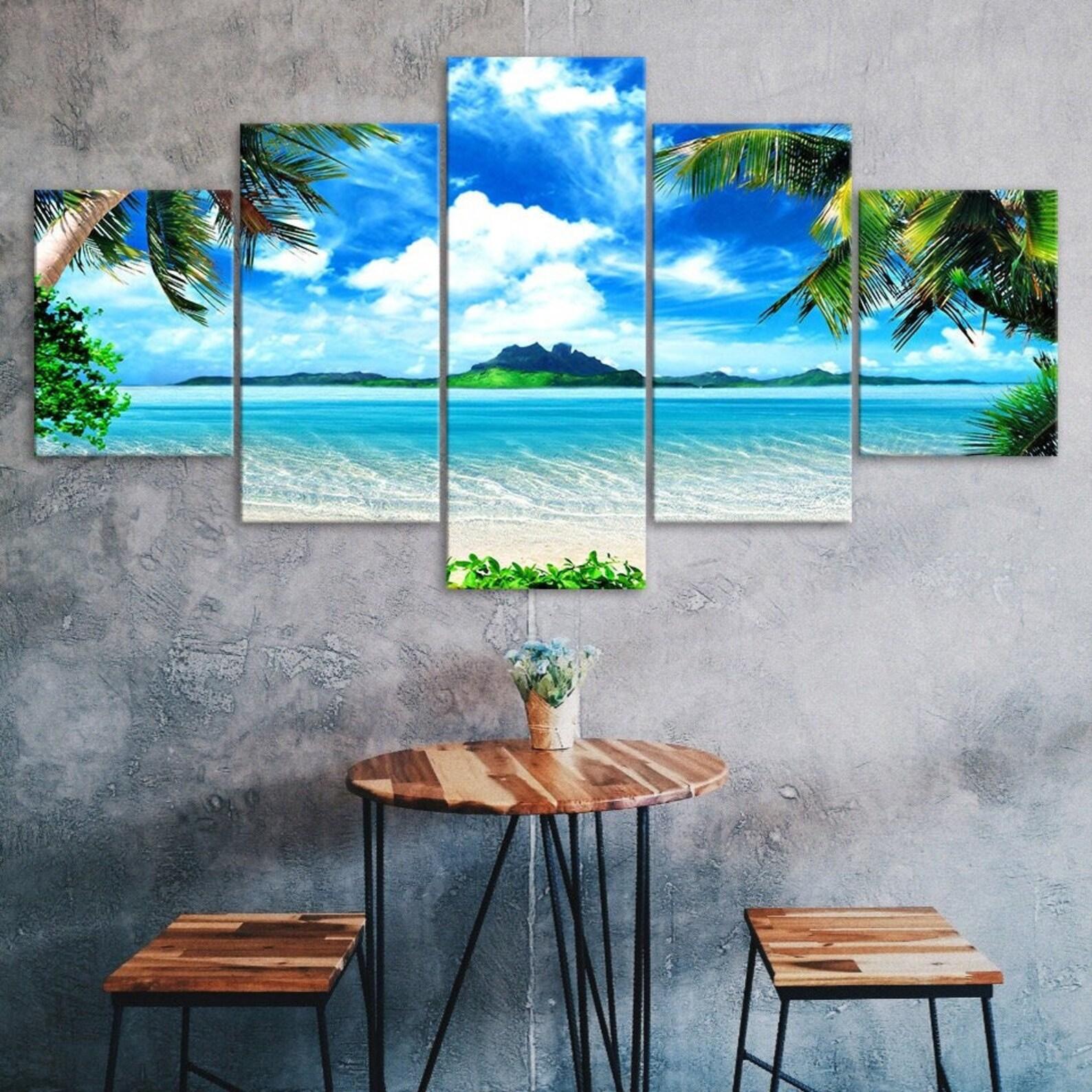 

Beach White Sand Palm Trees Blue Sky 5 Piece Five Panel Wall Canvas Print Modern Art Poster Picture Home Decor Gift For Him For Her 20X35 20X45 20X55CM