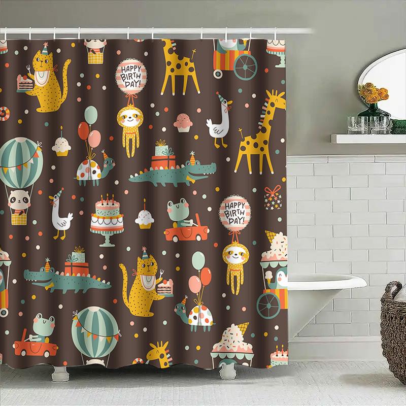 Adorable Animal Birthday Shower Curtain Set Kids Party Decorations For Bathroom Multicolored Pattern Canvas Fabric Perfect Gift