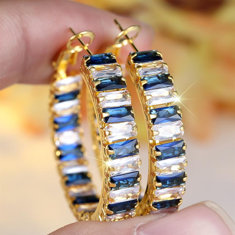 

Модні геометричні квадратні сережки-кільця з яскраво-синім та білим кубічним цирконієм для жінок, розкішна біжутерія для вечірок синій/золотий