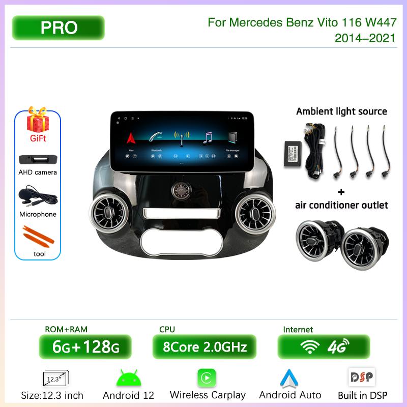 12.3" Android 12 Car Multimedia Video Player For Mercedes Benz Vito 116 W447 2014-2025 GPS Navigation8core CarPlay 4G 360Camera