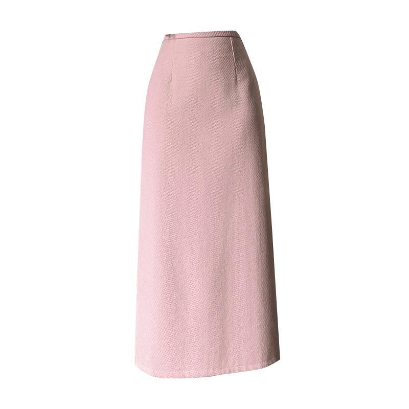 Women's 2025 Pink Wool High-Waist A-Line Midi Skirt for Autumn and Winter