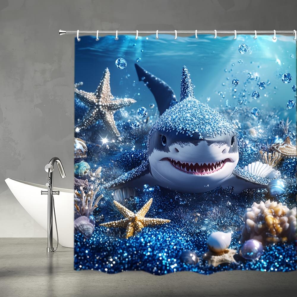 1 Piece Shark Print Polyester Shower Curtain - Fun Ocean Adventure Design, Bathroom Accessories | Underwater Scene Decoration