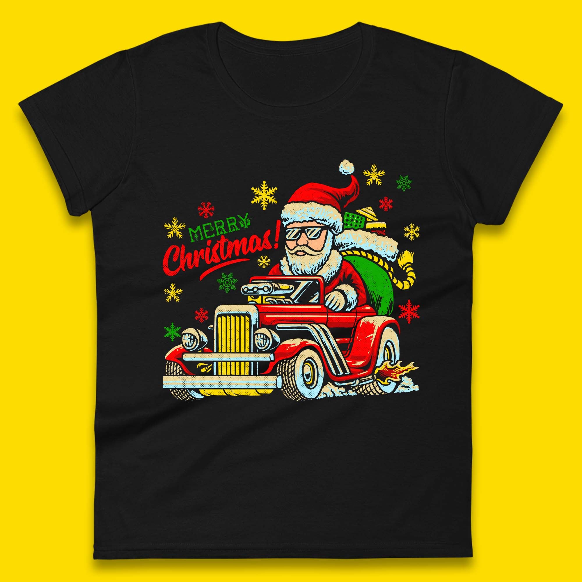 

Merry Christmas Santa Claus Drives A Hot Rod Car Womens T Shirt Mens Tops Tees Unisex 3XL