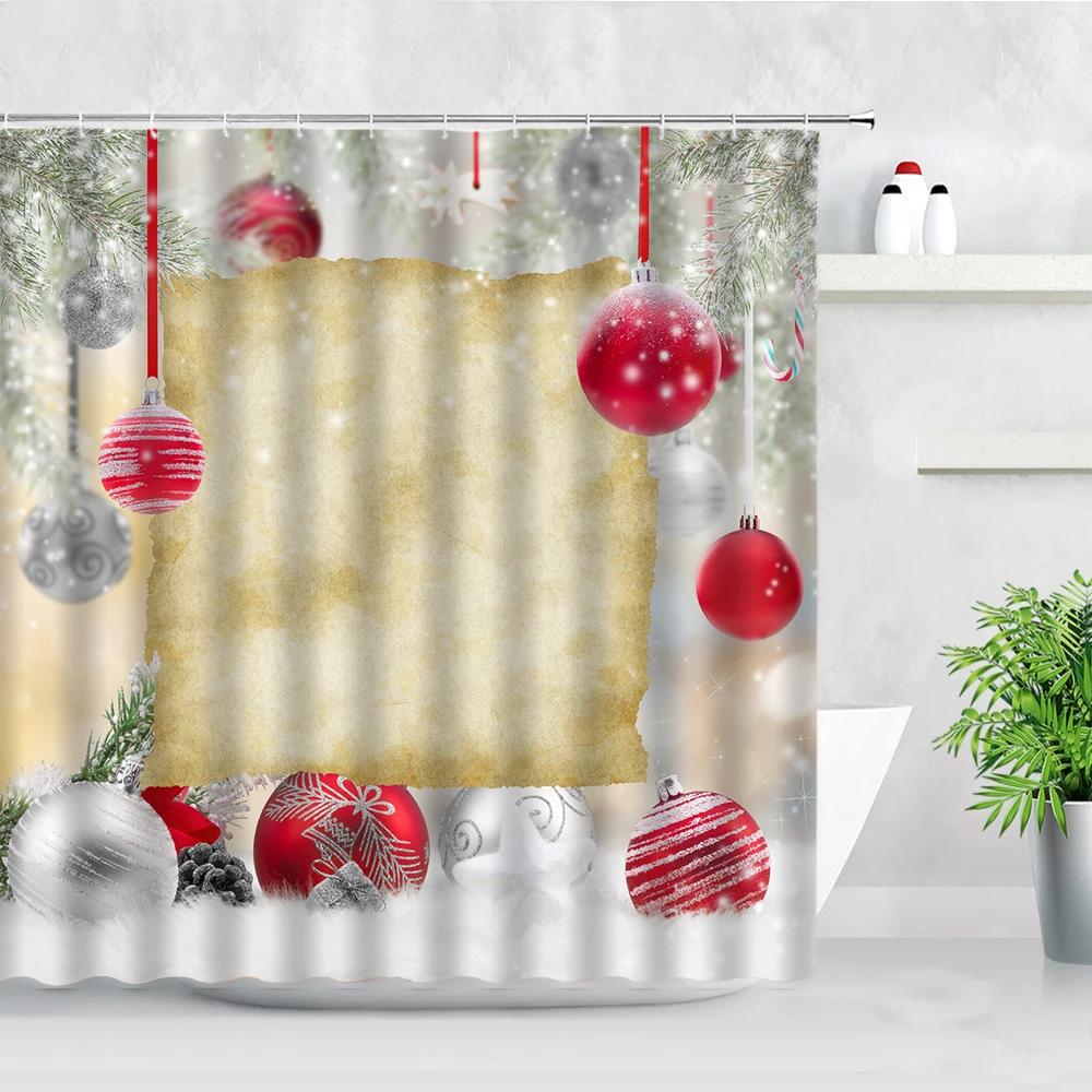 Winter Christmas Shower Curtains Xmas Ball Gift Cedar Natural Landscape New Year Home Decor Bathroom Fabric Bath Curtain Hooks