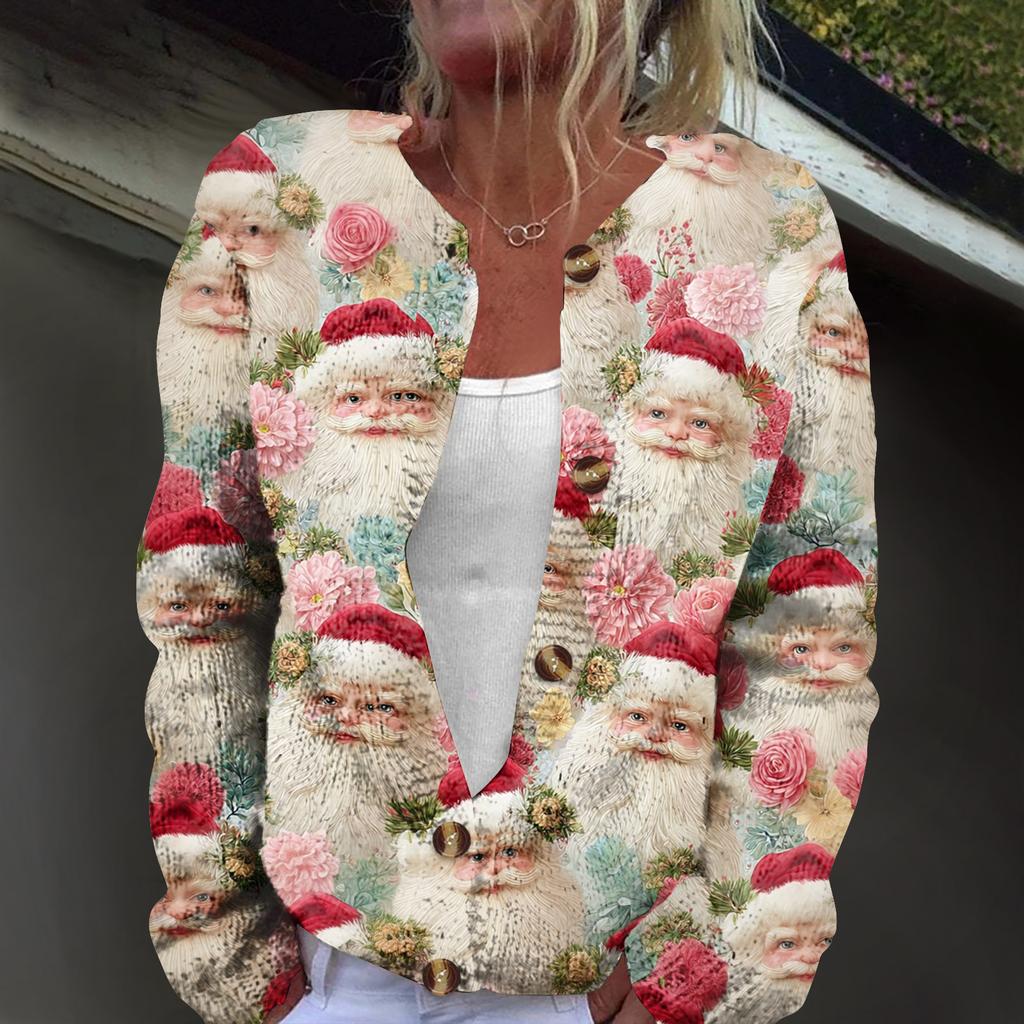Women's Fashion Christmas Print Long Sleeve Knitted Cardigan Button Jacket