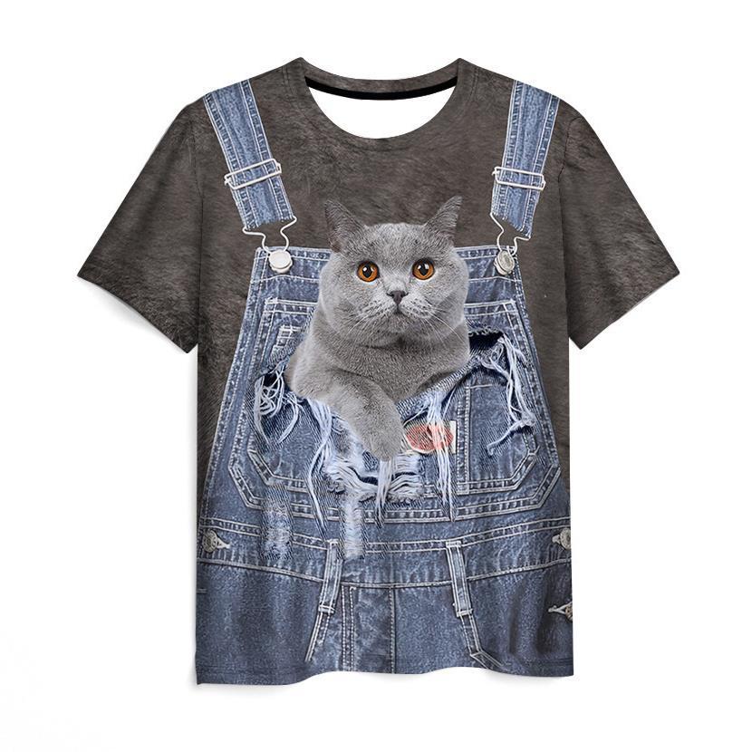 Letní tričko s kulatým výstřihem, 3D potiskem kočky se vzhledem falešných šlí, módní, ležérní, s krátkým rukávem, dětské, pro chlapce a dívky