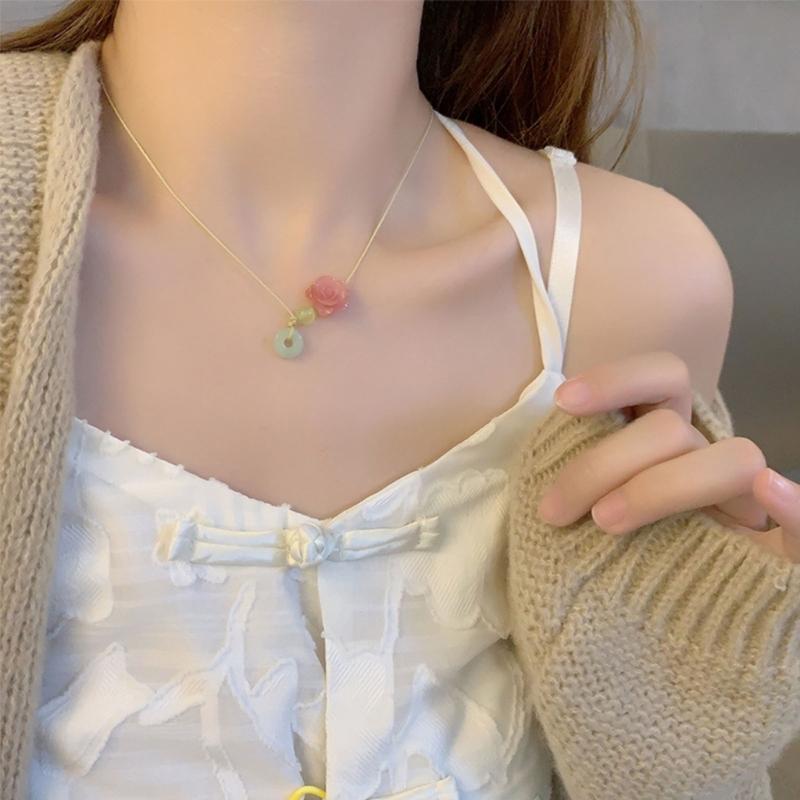 Jade Beads Safety Buckle Camellia Flower Necklace Female Temperament Long Rope Collarbone Chain Adjustable Chain Jewelry