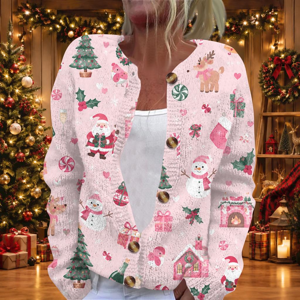Women's Christmas Print Long Sleeve Knit Cardigan Sweater Button Front for Fall Winter