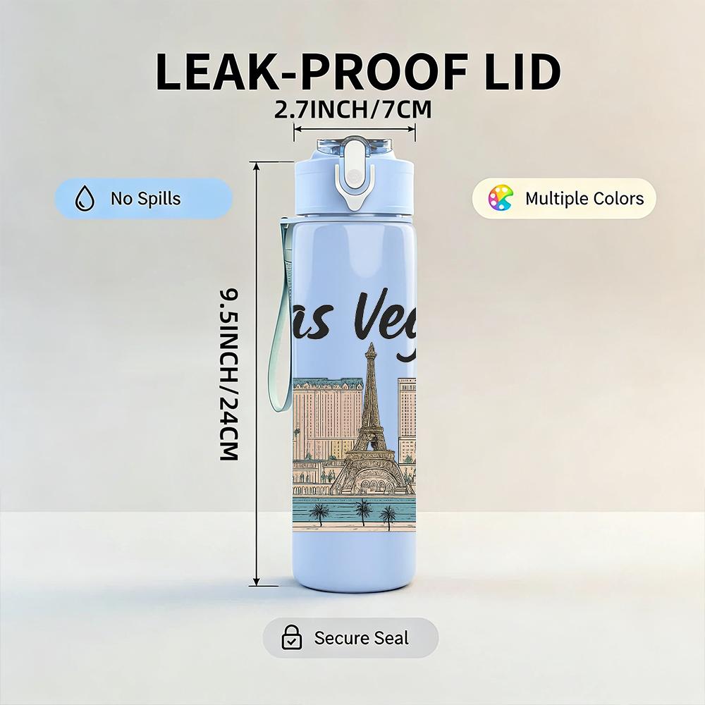 1PC Las Vegas City Landmark 750ml Color Plastic Sports Water Bottle Leakproof Flip Straw Lid Suitable for Sports Office Home Use