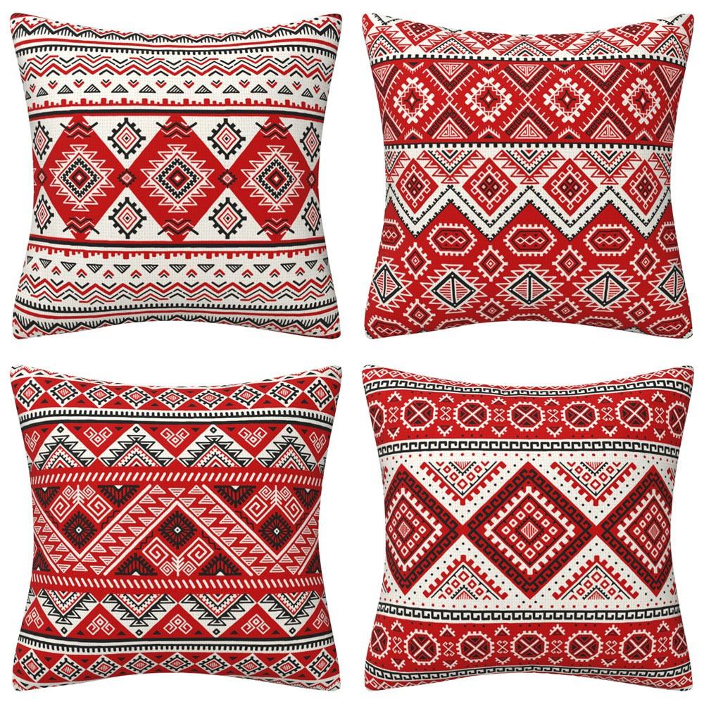 Jessica Chen Unisex Red Cotton Linen Bohemian Striped Pillow Cover Sofa Home Decor Couch Cushion Cover Cojines Decorativos Pillowcase
