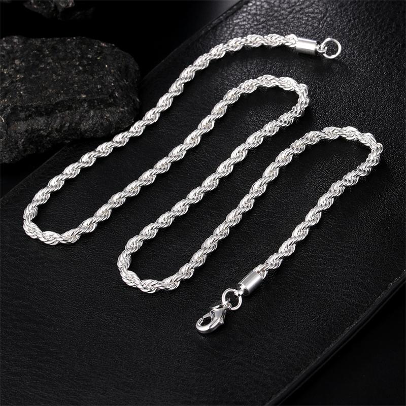 2ks 925 Sterling Silver náhrdelník náramek pro muže a ženy Jednoduchý hip-hop styl 4mm kroucené točené lano Iron Chain Lobste