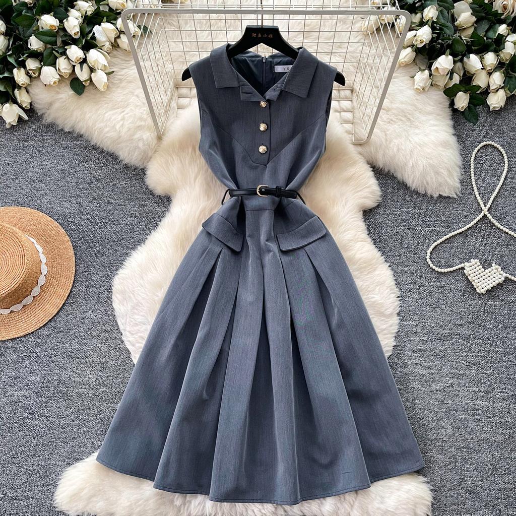 Salt wear commuter sleeveless lapel dress women's summer waist thin pleated skirt elegant temperament slim dress