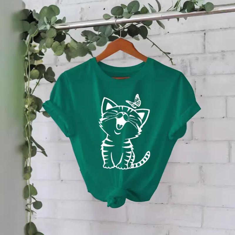 

Футболка из хлопка, летняя, с коротким рукавом, круглым вырезом, с принтом в виде кошки, женская XXXL
