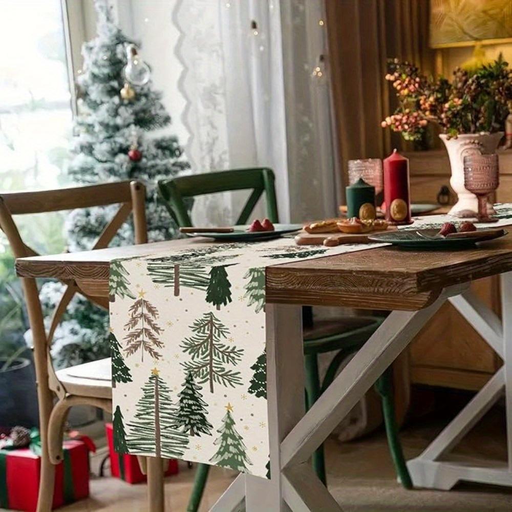 Christmas Linen Table Runner Holiday Party Decor Reusable Winter Watercolor Trees Snowflakes Table Runners Christmas Decorations