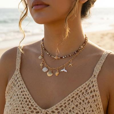 Vintage Shell Starfish Fishtail Clavicle Chain Necklace For Women Bohemian Rice Beads Choker Summer Beach Vacation Charm Zircon