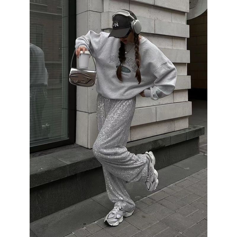 

European and American Fashion Pearlescent Sequins Straight Mop Pants Fashion Sequin Straight Leg Pants Silver S