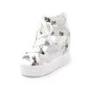 Womens High-Top Floral Print Chunky Platform Wedge Sandals With Ankle Tie Zipper Back