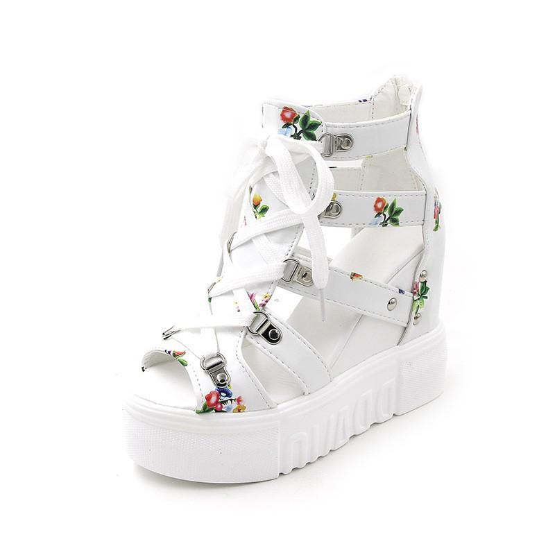 Womens High-Top Floral Print Chunky Platform Wedge Sandals With Ankle Tie Zipper Back