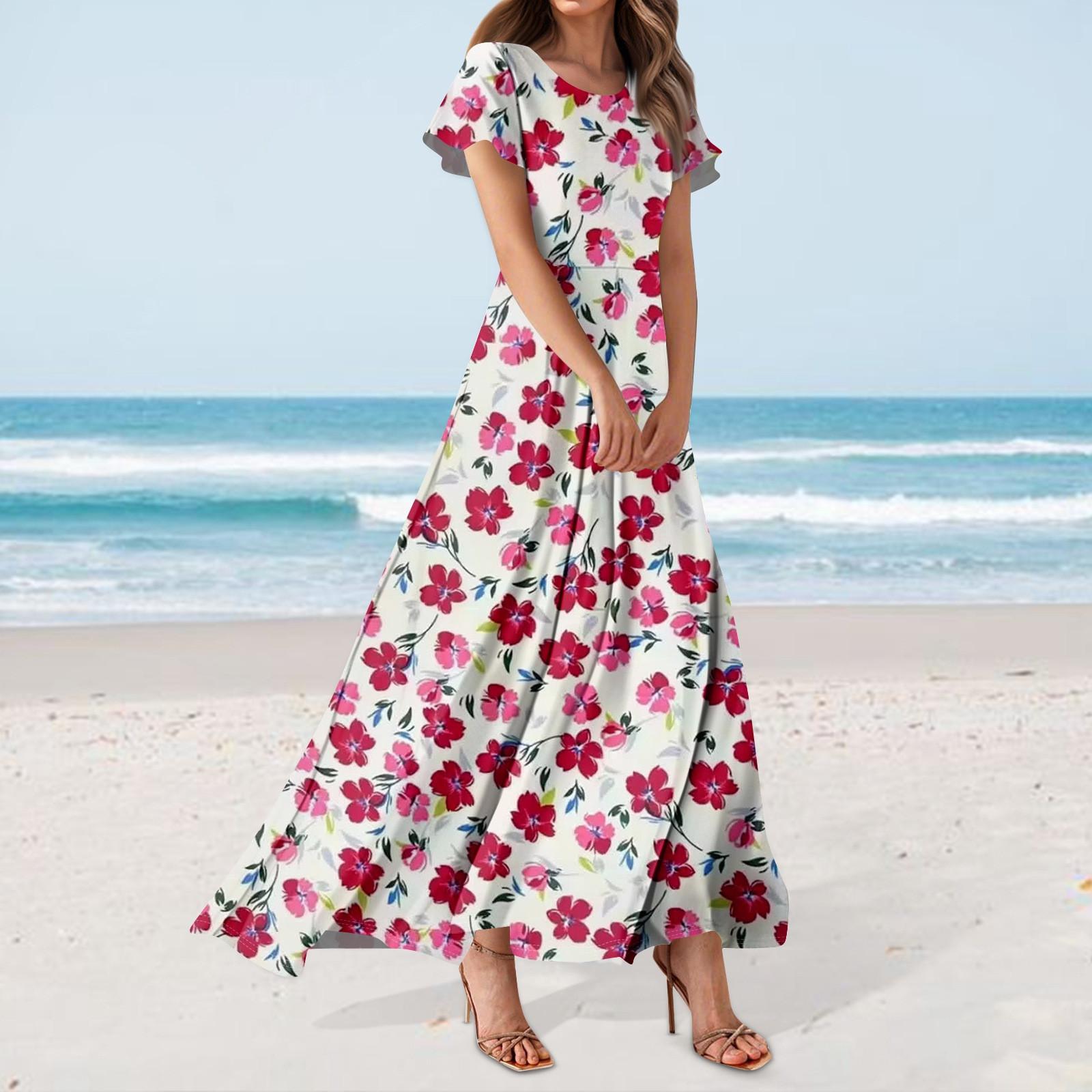 

Жіноча повсякденна сукня з гавайським принтом, круглим вирізом, коротким рукавом та завищеною талією XL Кіновар